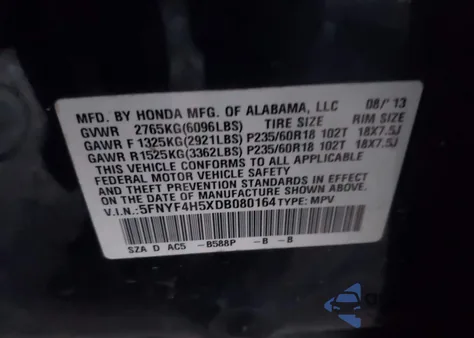 2013 Honda Pilot Ex-L z USA, uszkodzony, nr VIN 5FNYF4H5XDB080164